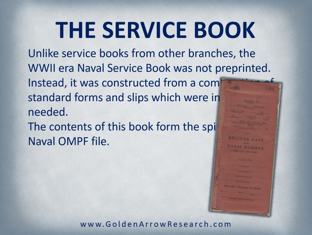 WWII service book for regular navy and naval reserve from a WWII veteran's official military personnel file OMPF at the national archives.