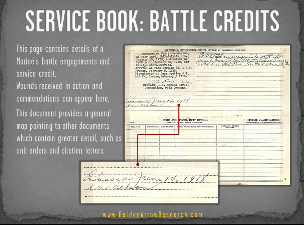 USMC OMPF military record of veteran showing battles, engagements, skirmishes and overseas duty from military personnel file at NPRC archival research