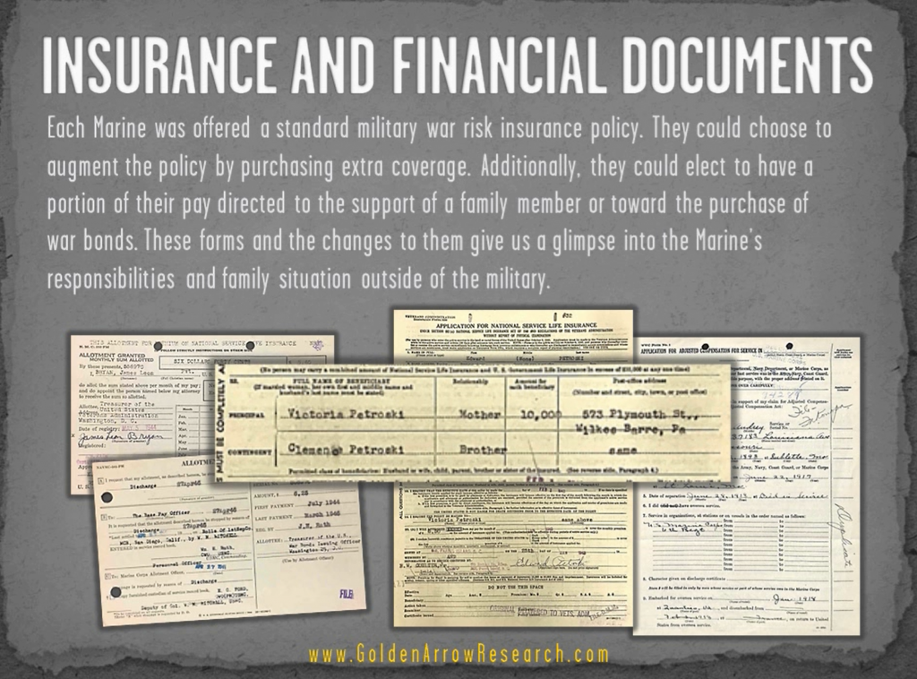 USMC OMPF military records showing insurance and financial info from military service records personnel file of USMC veteran at NPRC from archival research