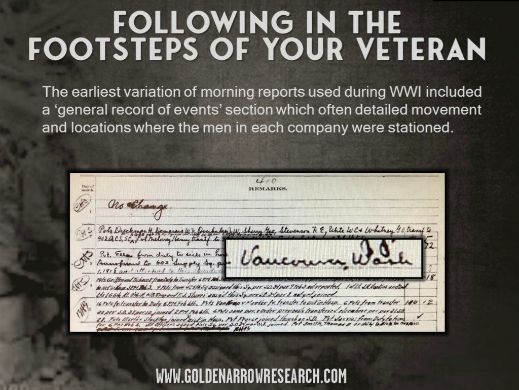 follow the movement of WWI and WWII veterans using morning reports. Reports show each location where the veteran was stationed and ship transports