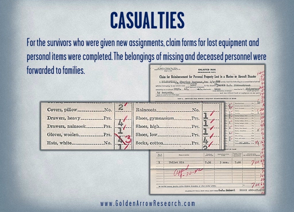 WWII Navy OMPF sailor request for replacement or reimbursement of equipment after sinking of his ship.
