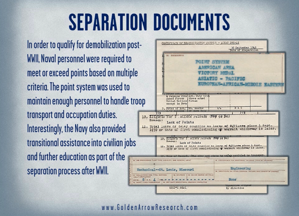 WWII Navy veteran education, training and qualification from notice of separation in the military service records of the OMPF