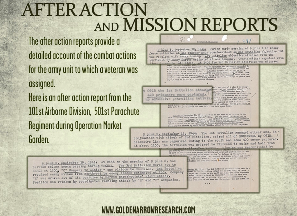 After action reports of WWII military units in combat available for military archival research at NARA. Understand the battle participation of individual WWII army veterans.