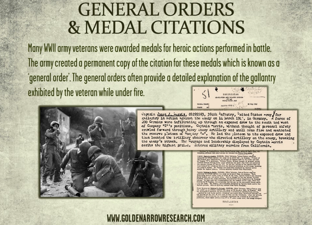 WWII army awards and general orders for individual army veterans of world war 2. Military service Records which are available at NARA for archival research in military records.