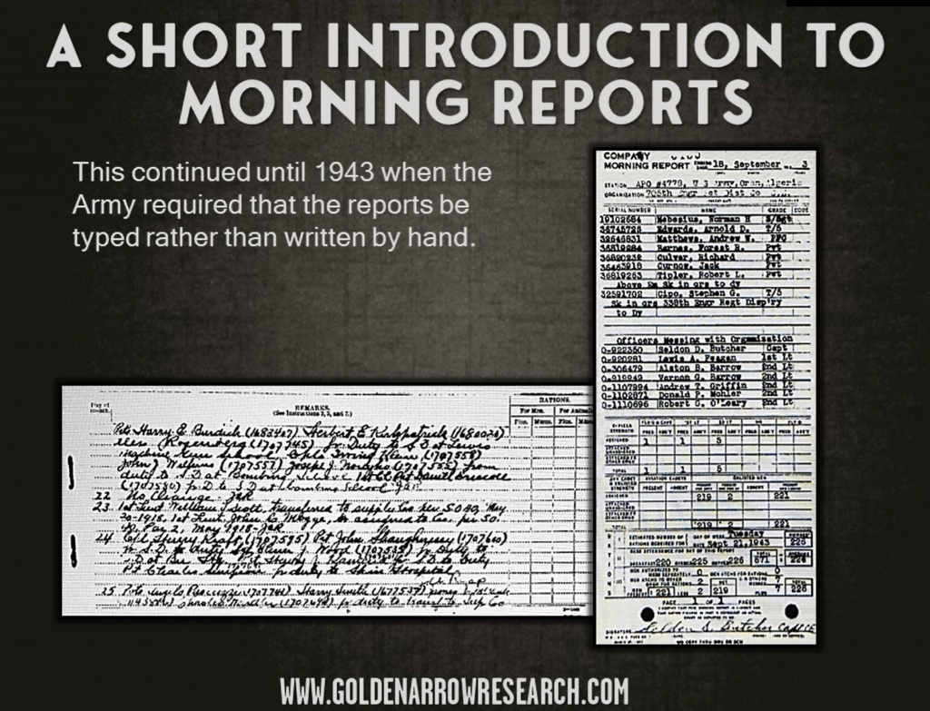 Army morning reports typed in 1943 officers messing with organization Engineer unit reports Edwards, Tipler, Matthews, Barnes Culver