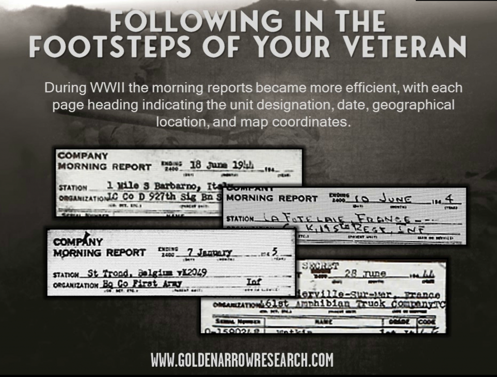 WWII station location heading on morning reports infantry regiment signal battalion truck company HQ first army follow veteran footsteps 1944 1945