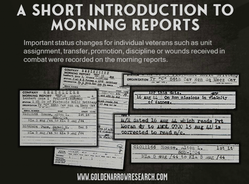 morning reports veteran transfer promotion assignment wounded killed in action 1944 1945 86th cavalry recon missions France Belgium serial numbers MOS