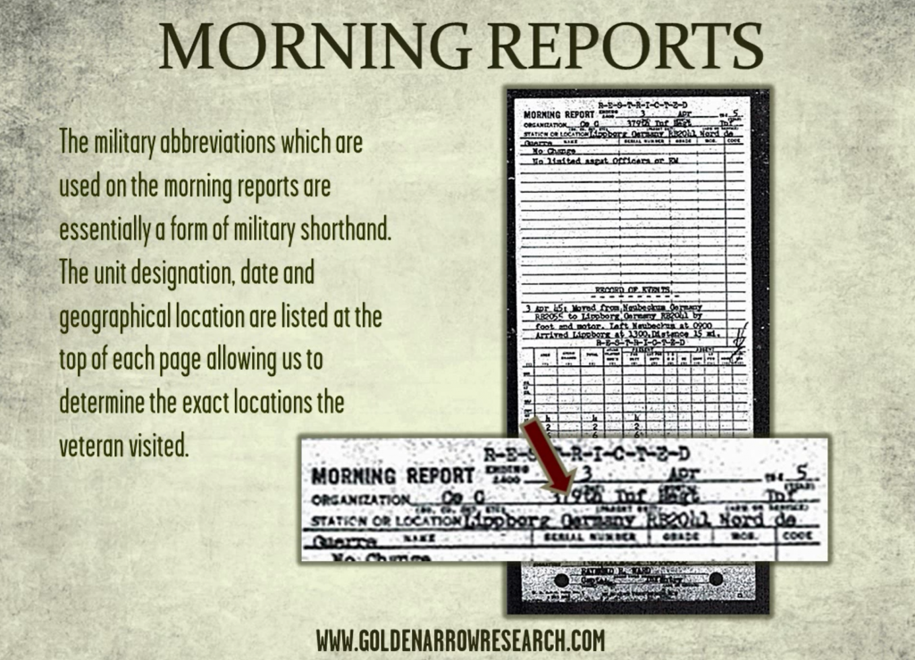 WWII morning reports showing WWII army infantry regiment geographical station location in Europe