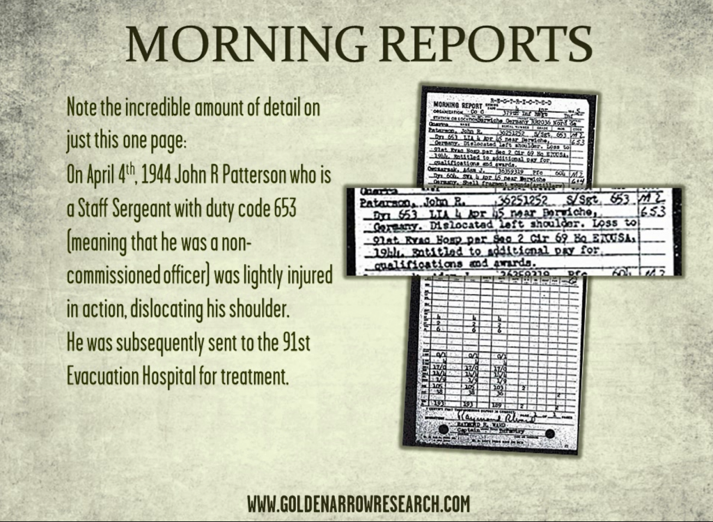 morning reports stored at the national archives which are available for archival research can allow us to trace the steps of individual WWII army veterans