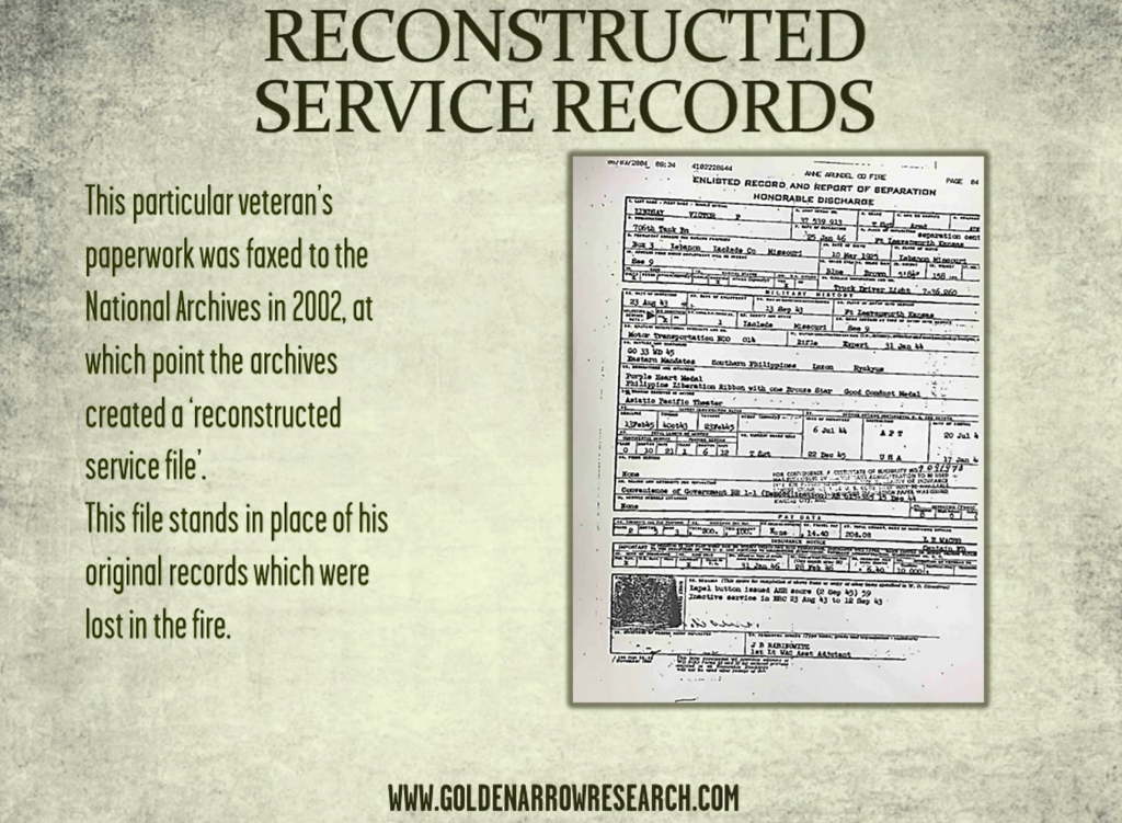 Military service records from the reconstructed Army personnel file or OMPF at the St Louis archives. Reconstructed WWII records are available for in person research at the National Archives.
